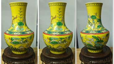 黄底三彩荷塘鸳鸯瓶